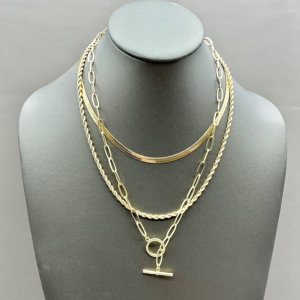 Necklace Set Women Gold Tone Herringbone Rope Paperclip Toggle Chain Layering 3p